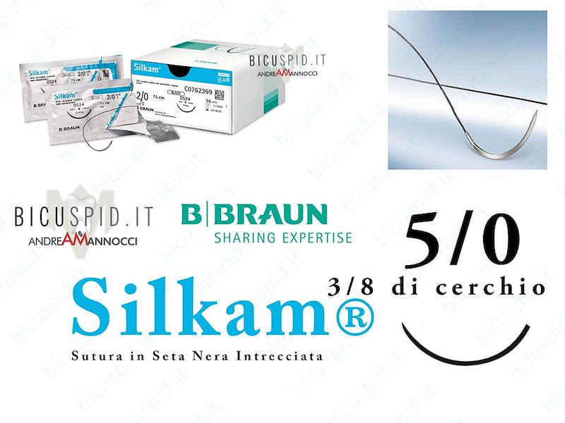 SILKAM NERO 5/0 - 3/8 di CERCHIO - Suture chirurgiche in Seta naturale, non assorbibile 