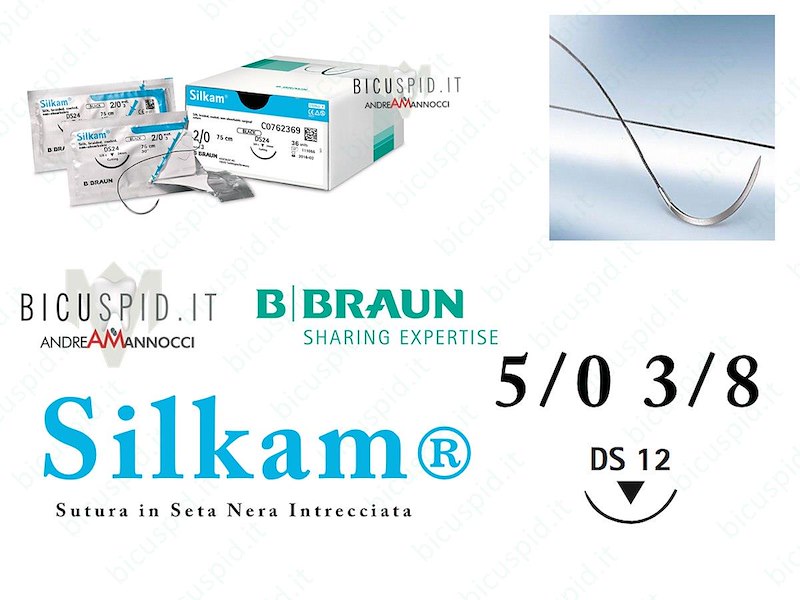 SILKAM NERO 5/0 - 3/8 di CERCHIO - Suture chirurgiche in Seta naturale, non assorbibile 