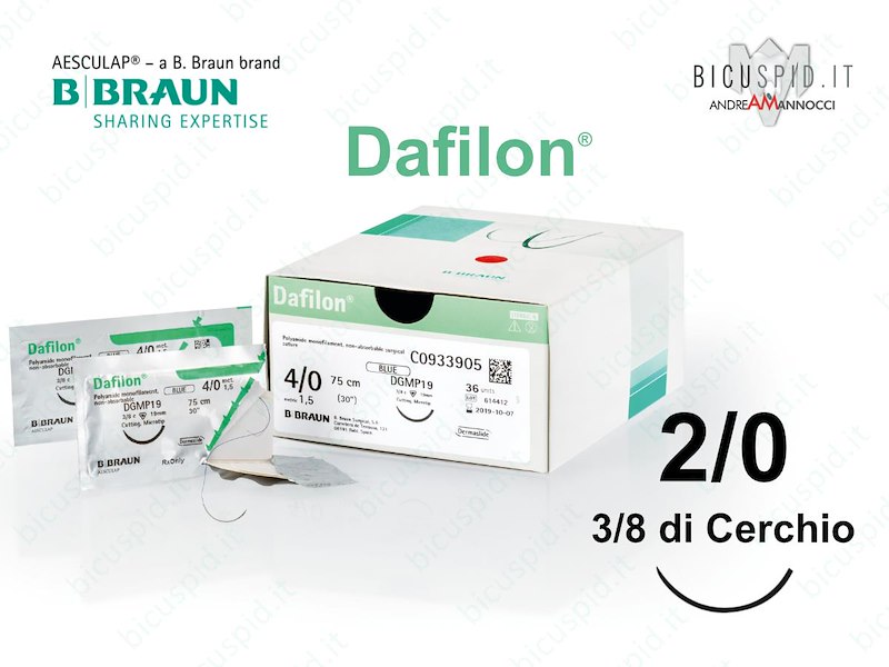 Dafilon 2/0 - 3/8 di Cerchio - Suture chirurgiche Monofilamento non assorbibile in poliammide BBarun