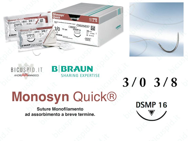 Monosyn Quick 3/0 - 3/8 di Cerchio - Sutura Chirurgica Monofilamento ad Assorbimento Rapido