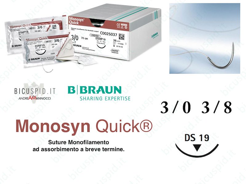 Monosyn Quick 3/0 - 3/8 di Cerchio - Sutura Chirurgica Monofilamento ad Assorbimento Rapido