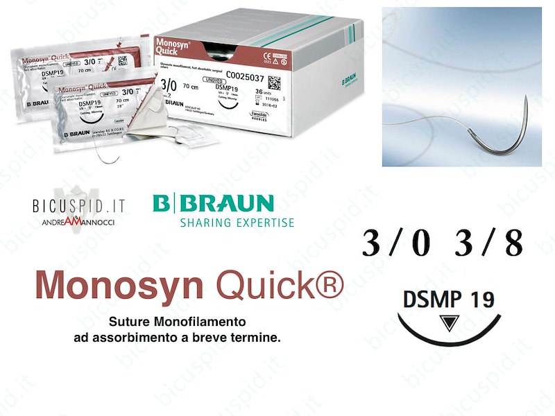 Monosyn Quick 3/0 - 3/8 di Cerchio - Sutura Chirurgica Monofilamento ad Assorbimento Rapido