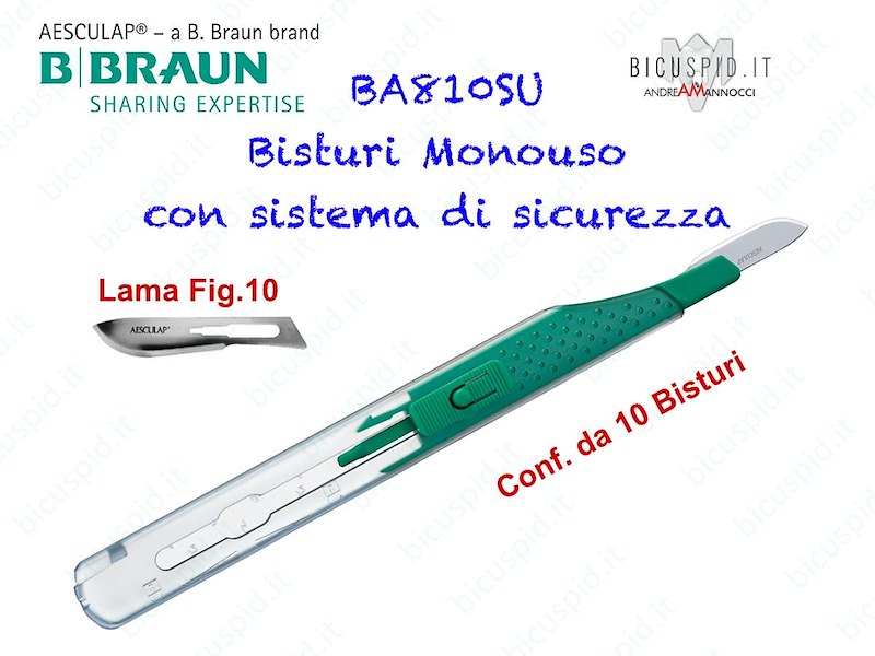 BISTURI MONOUSO con sistema di sicurezza BBRAUN Aesculap - Con Lama Fig.10 - Conf. da 10 pz. - Codice BA810SU