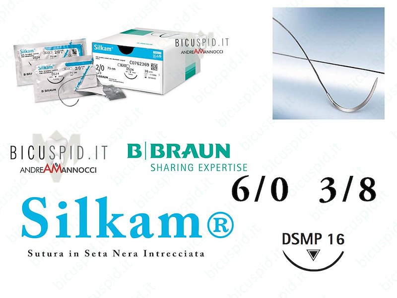 SILKAM NERO 6/0 - 3/8 di CERCHIO - Suture chirurgiche in Seta naturale, non assorbibile 