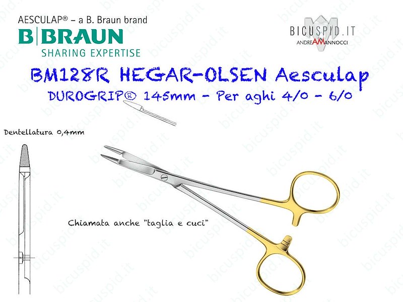 BM128R Porta Aghi HEGAR OLSEN DUROGRIP® (Taglia e Cuci), Lunghezza 145mm con inserti in Carburo di Tungsteno