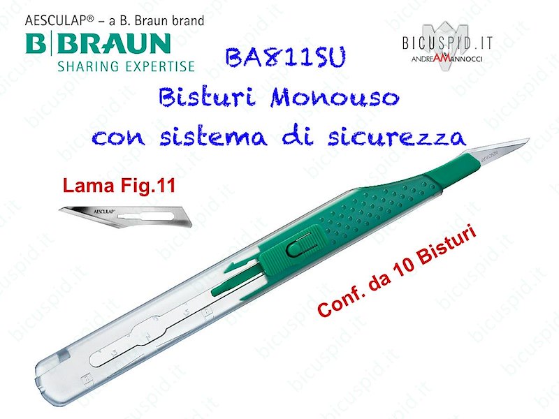 BISTURI MONOUSO con sistema di sicurezza BBRAUN Aesculap - Con Lama Fig.11 - Conf. da 10 pz. - Codice BA811SU