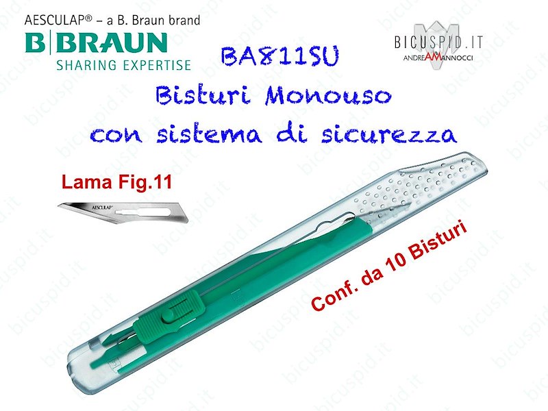 BISTURI MONOUSO con sistema di sicurezza BBRAUN Aesculap - Con Lama Fig.11 - Conf. da 10 pz. - Codice BA811SU