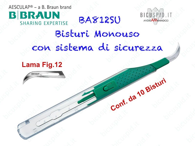 BISTURI MONOUSO con sistema di sicurezza BBRAUN Aesculap - Con Lama Fig.12 - Conf. da 10 pz. - Codice BA812SU