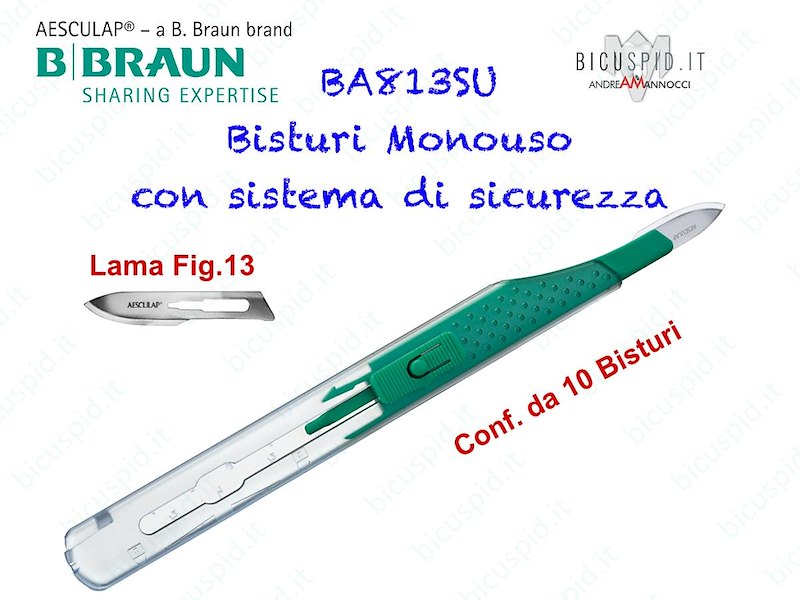 BISTURI MONOUSO con sistema di sicurezza BBRAUN Aesculap - Con Lama Fig.13 - Conf. da 10 pz. - Codice BA813SU