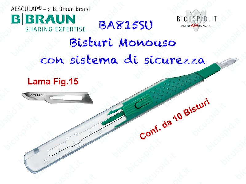 BISTURI MONOUSO con sistema di sicurezza BBRAUN Aesculap - Con Lama Fig.15 - Conf. da 10 pz. - Codice BA815SU