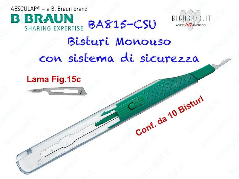 BISTURI MONOUSO con sistema di sicurezza BBRAUN Aesculap - Con Lama Fig.15-C - Conf. da 10 pz. - Codice BA815-CSU