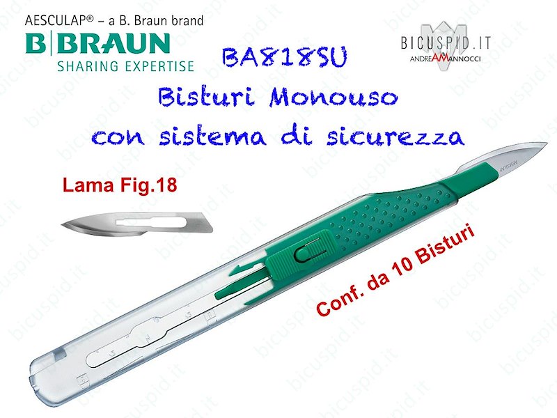 BISTURI MONOUSO con sistema di sicurezza BBRAUN Aesculap - Con Lama Fig.18 - Conf. da 10 pz. - Codice BA818SU